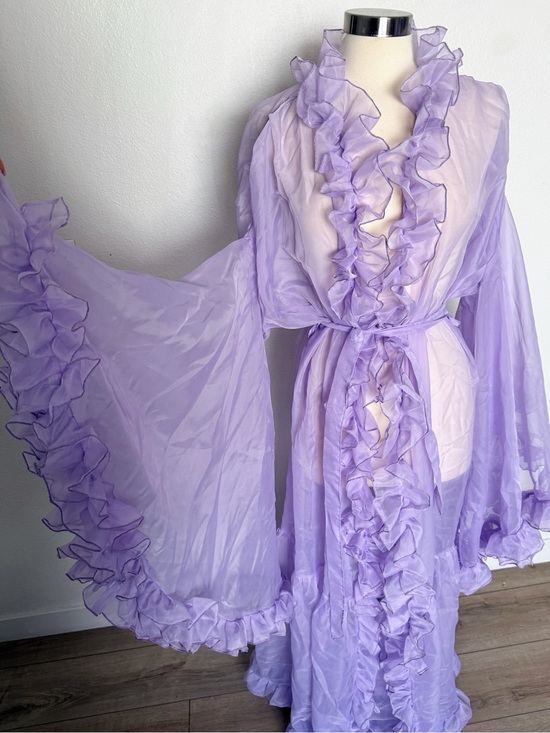 Vintage Other - Vintage 70s Sheer Lavender Ruffle Peignoir Maxi Robe Bell Sleeve